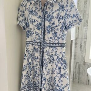 Blue and White Patterned button down mini dress - size xs